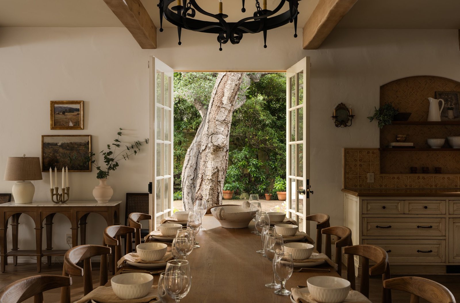 Rustic dining room with French doors to a deck