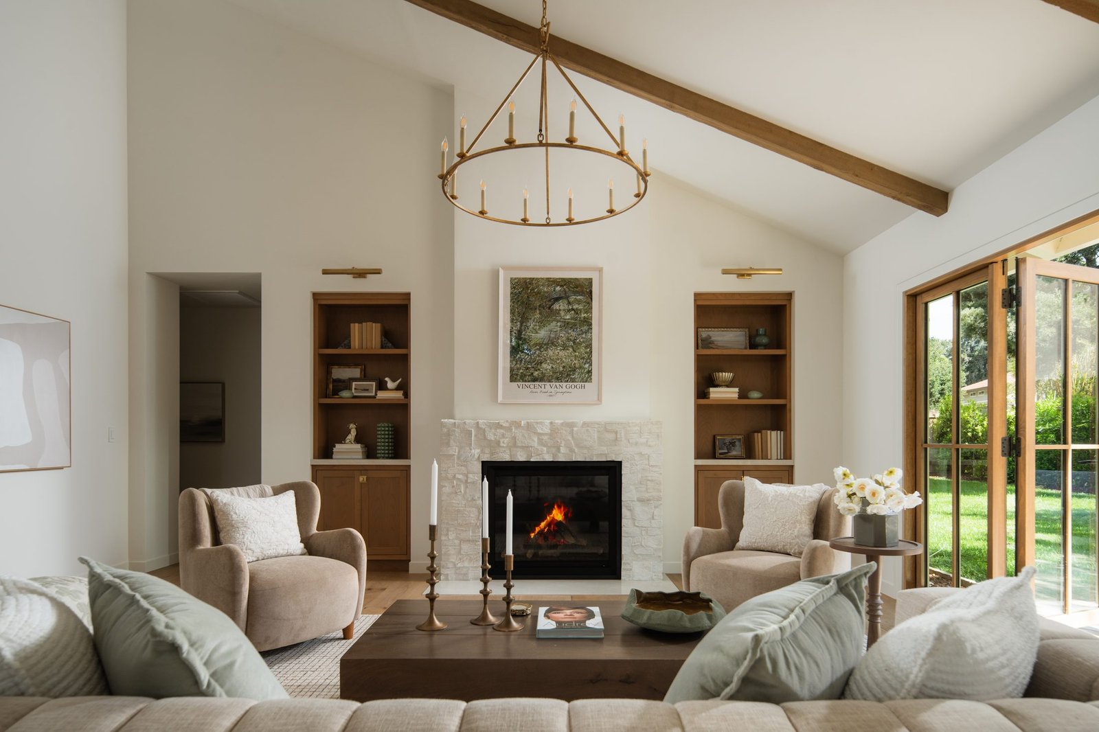 Living room with a vaulted beam ceiling