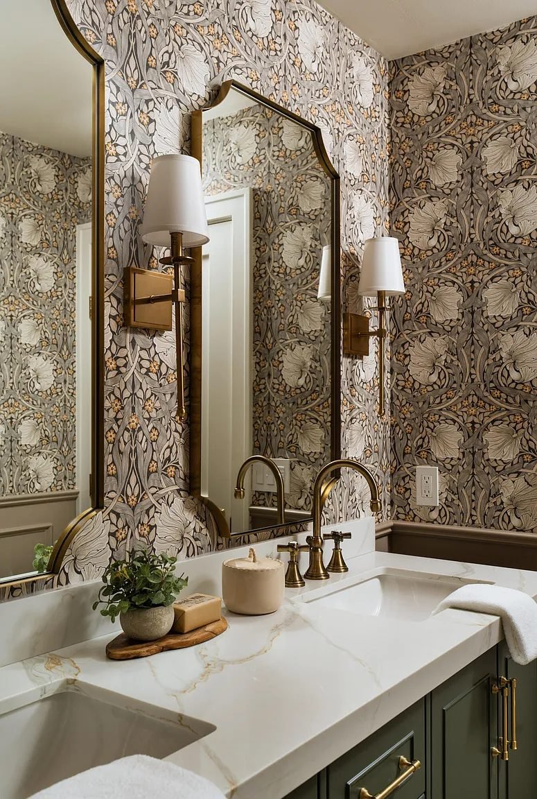 Powder room with patterned wallpaper